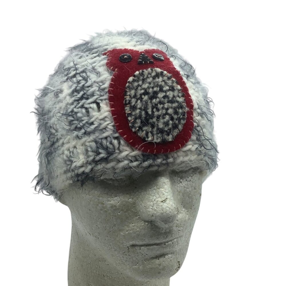 Owl Gray &‎ White Knit Beanie Hat Women One Size Handmade Winter Fuzzy